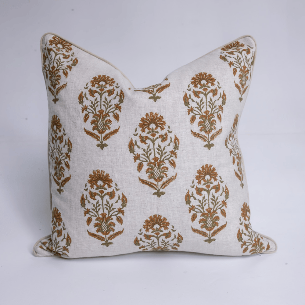 Block Print Boteh Ochre & Olive Piped Linen Lounge Cushion 55 x 55cm