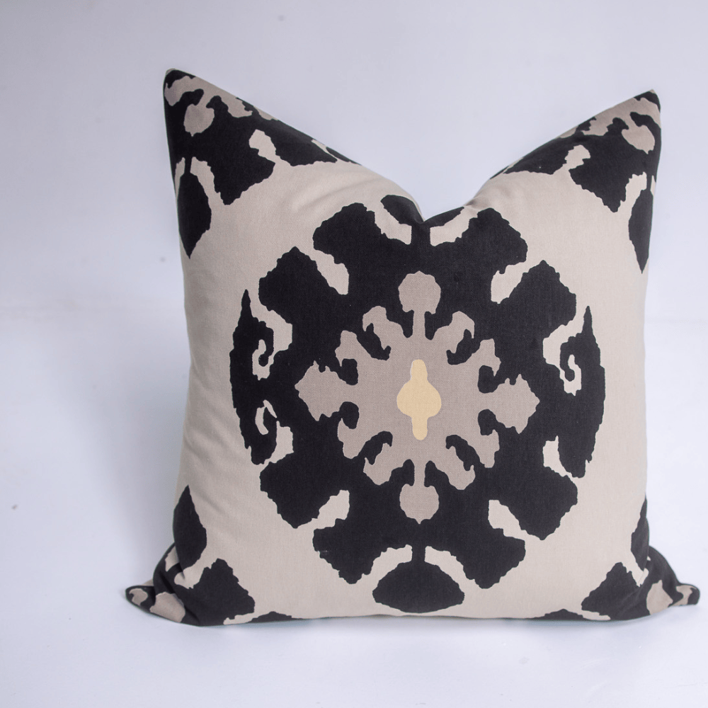 Ikat Solitaire Black & Stone Hand Screen Print Cotton Lounge Cushion 55 x 55cm