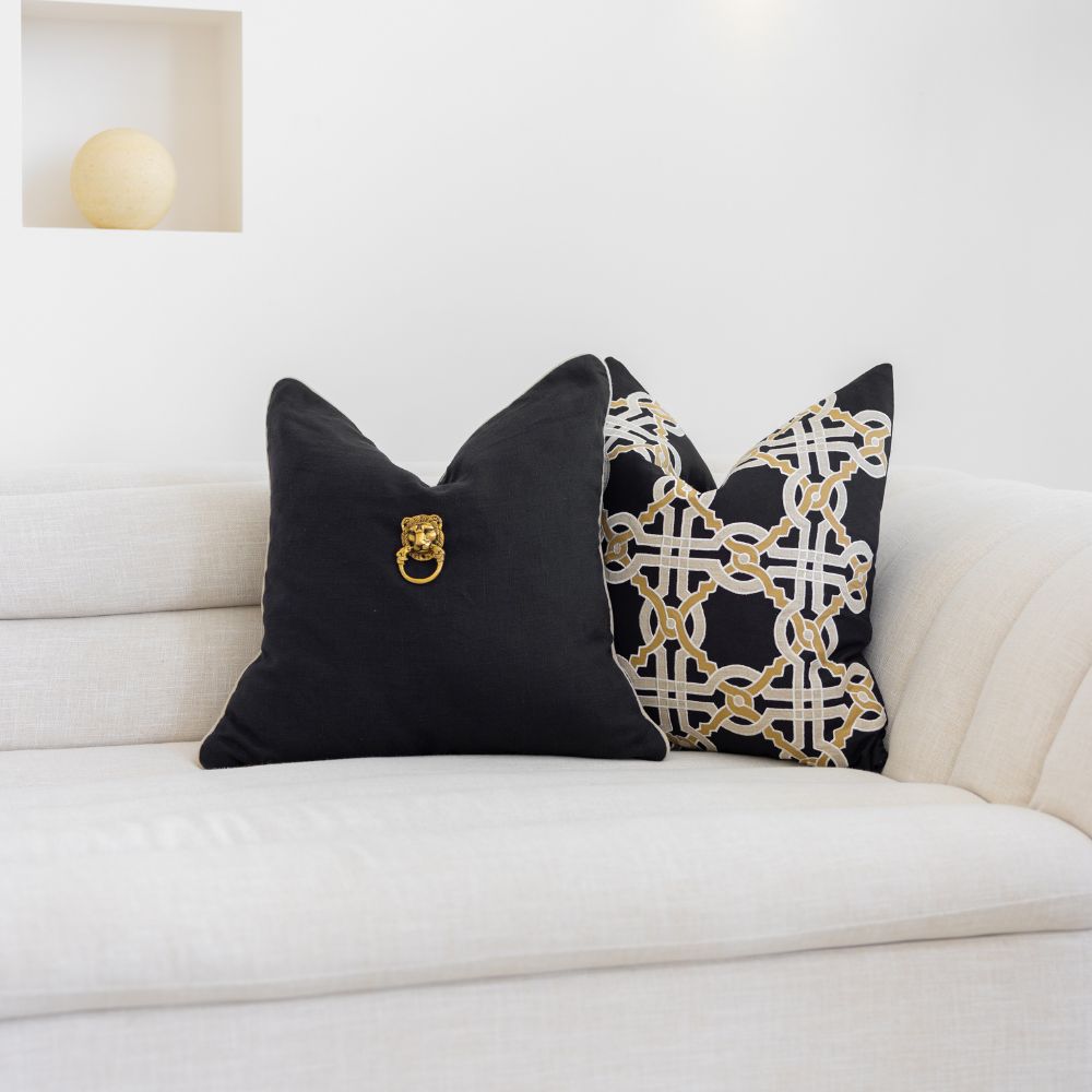 Bandhini Design House Lounge Cushion Creature Metal Gold Lion Head Black & Natural Lounge Cushion 55 x 55cm