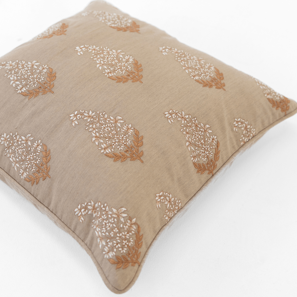 Bandhini Design House Lounge Cushion Outdoor Devon Paisley Embroidery Heather Beige Lounge Cushion 55 x 55cm