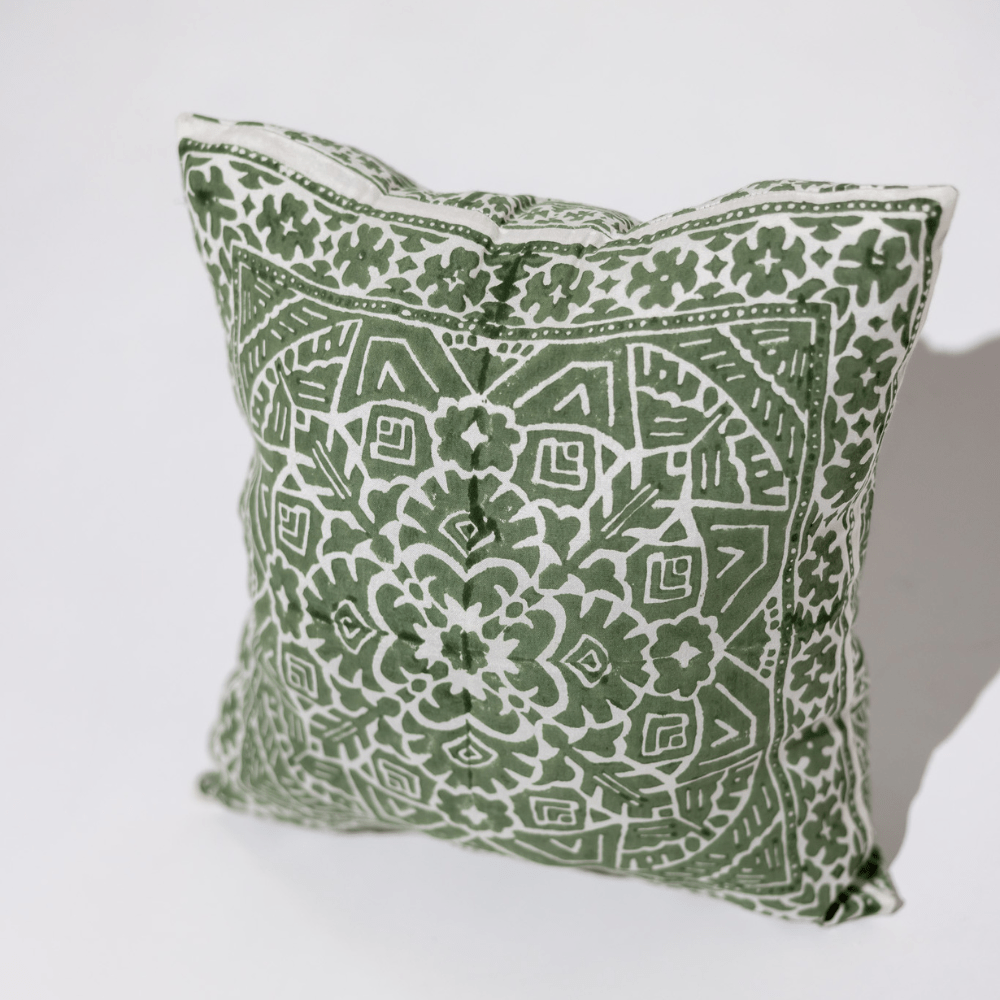 Bandhini Homewear Design Clearance24 Kilim Repeat Block Print Sage Lounge Cushion 40 x 40cm