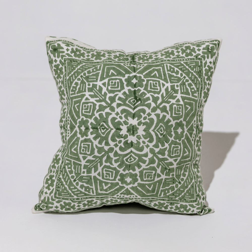 Bandhini Homewear Design Clearance24 Kilim Repeat Block Print Sage Lounge Cushion 40 x 40cm
