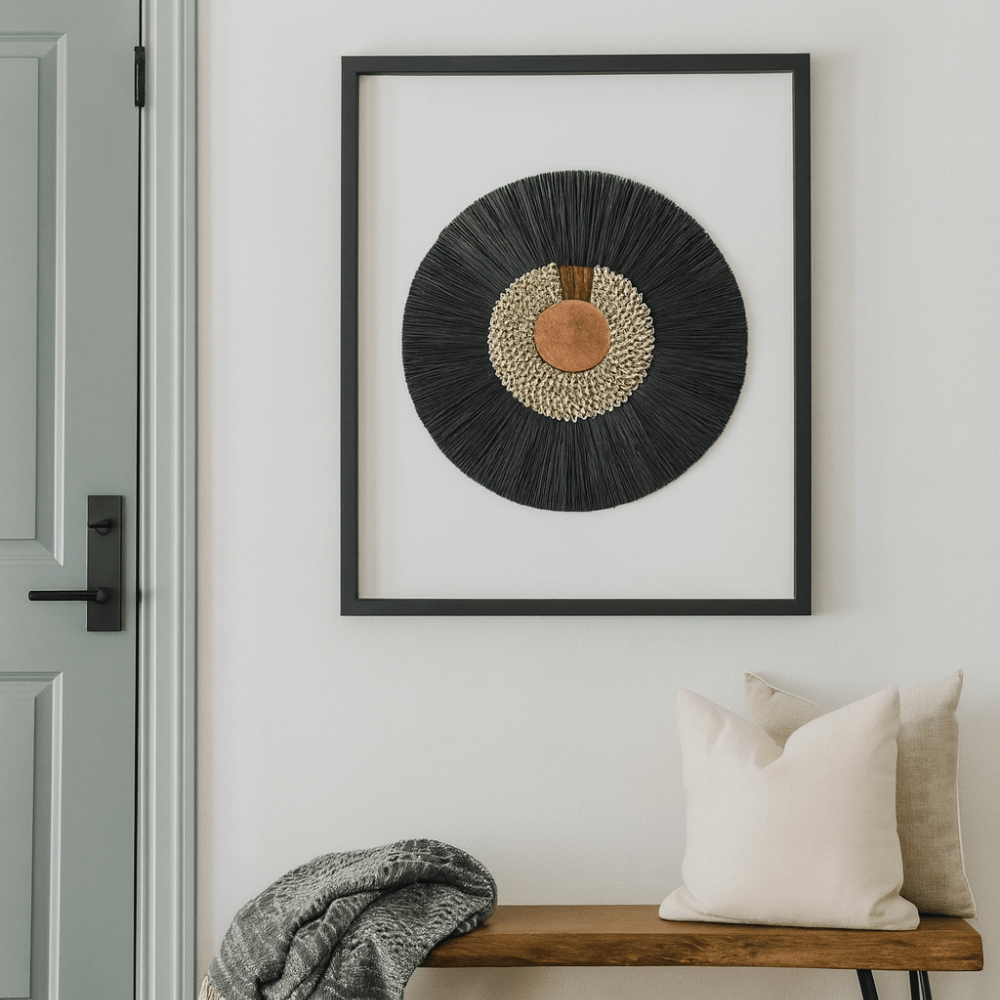 BHD HOME Artwork African Wood, Shell Ring Coffee & Grass Mat Black Artwork 67 x 85cm