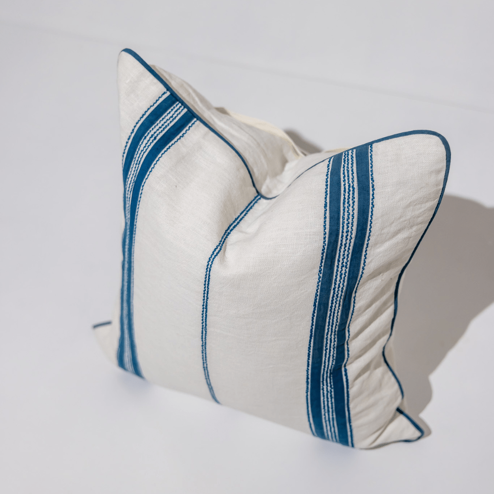 BHD HOME Coastal Devon Linen Piped Embroidery Baby Blue Lounge Cushion 55 x 55cm