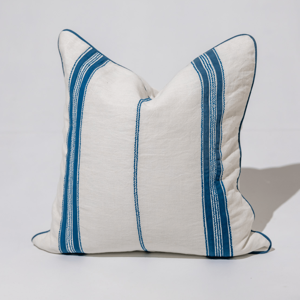 BHD HOME Coastal Devon Linen Piped Embroidery Baby Blue Lounge Cushion 55 x 55cm