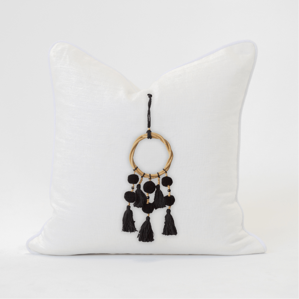 BHD HOME End of Line Tassel Pom Pom White & White Lounge Cushion 55 x 55c