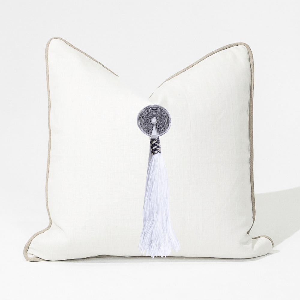BHD HOME End of Line Tassel Silver Tassel White & Natural Lounge Cushion 55 x 55cm