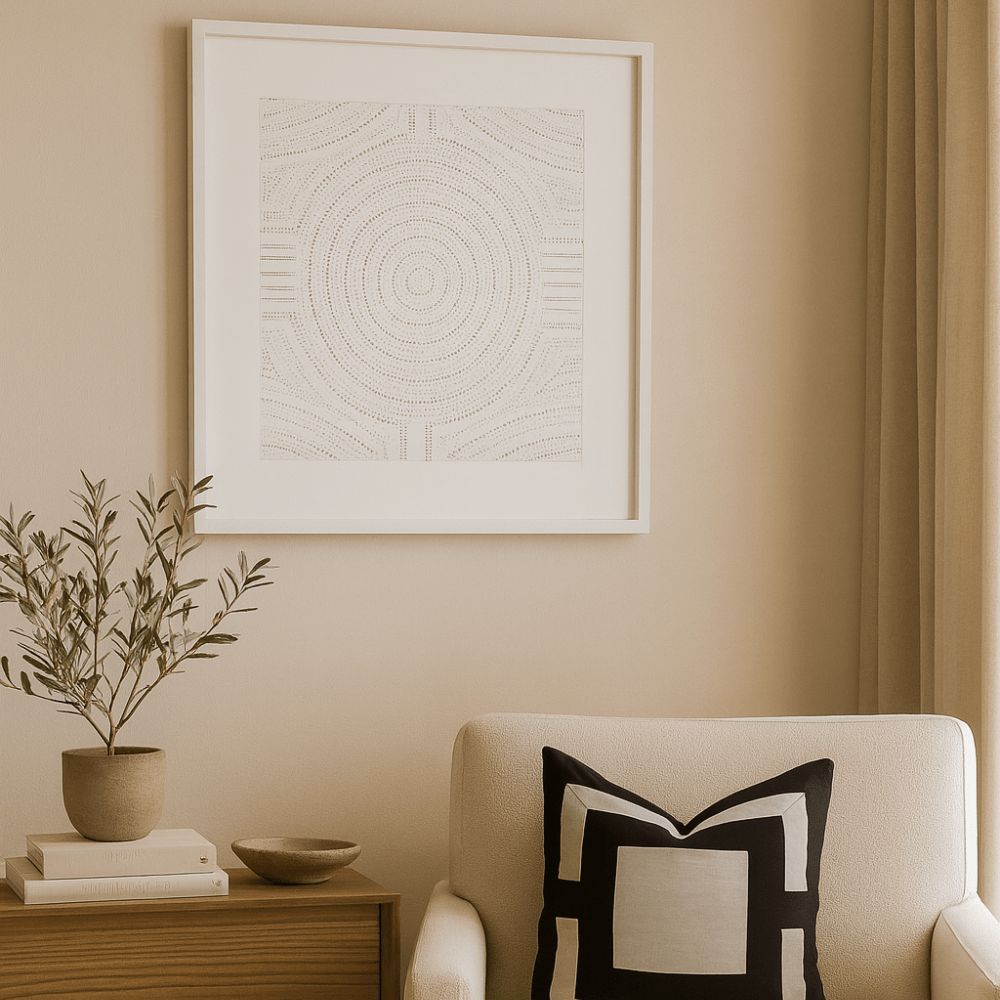 BHD HOME End of Line White Dreamtime Aboriginal Dot Artwork Natural 50 x 50cm