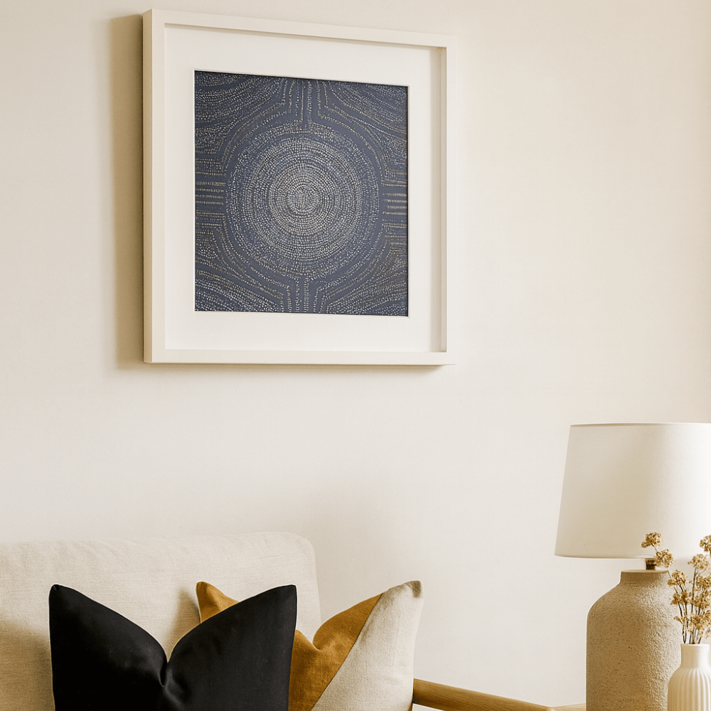 BHD HOME End of Line White Dreamtime Aboriginal Dot Navy Artwork 50 x 50cm