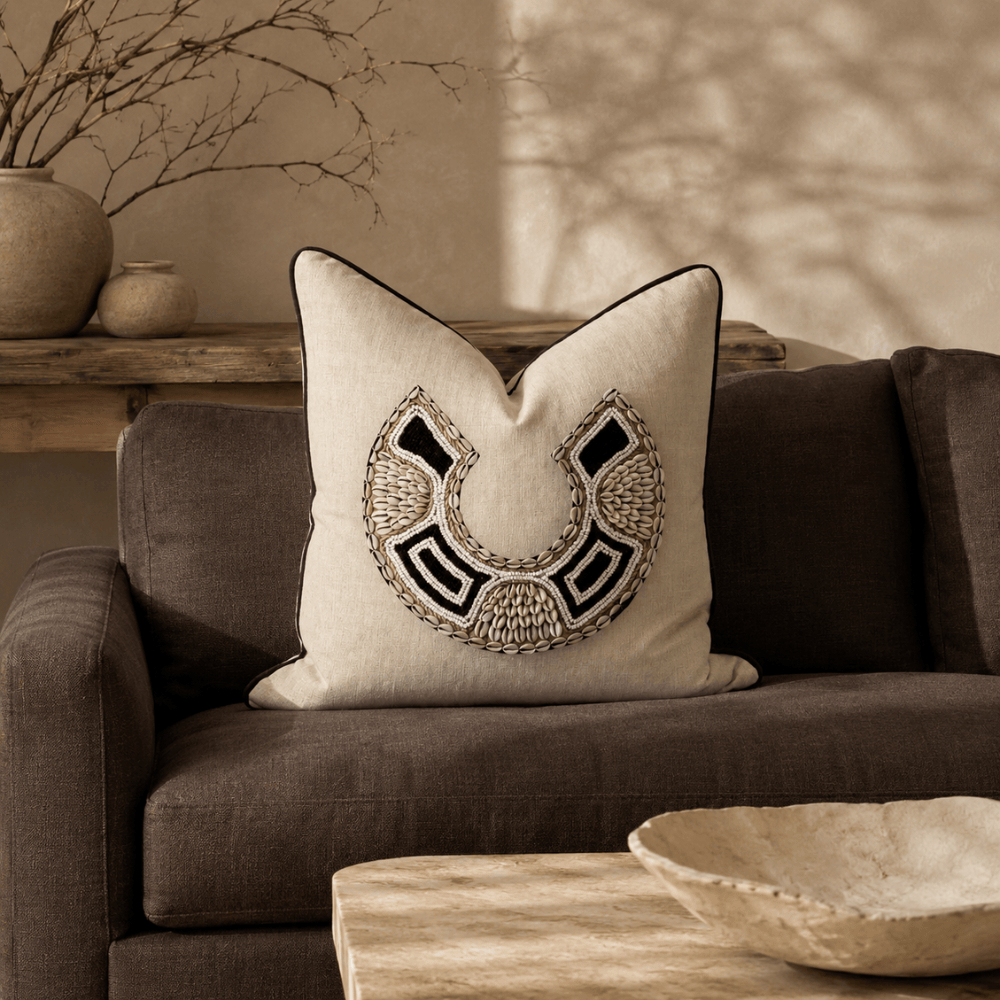BHD HOME featurecushion African Bead Horseshoe Natural & Black Handmade Beaded Cushion Cover