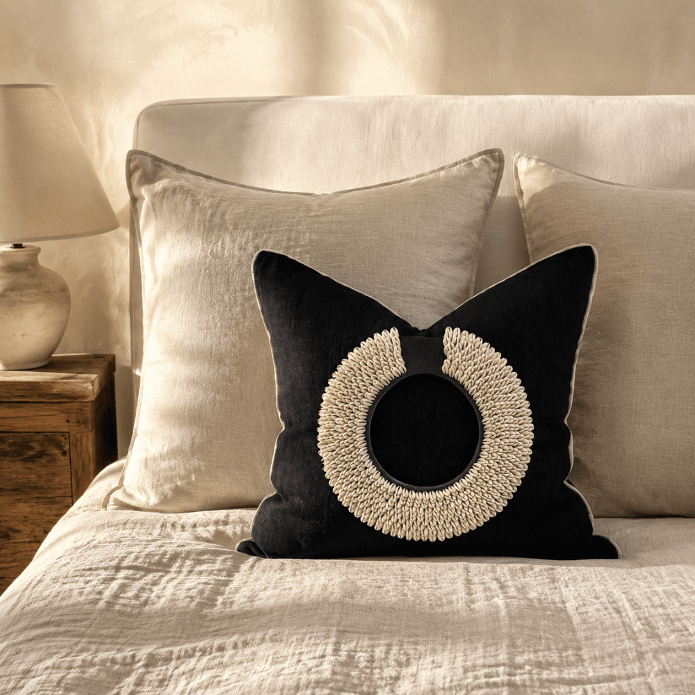 BHD HOME featurecushion Black Shell Ring Black & Natural Handmade Embellished Linen Cushion Cover