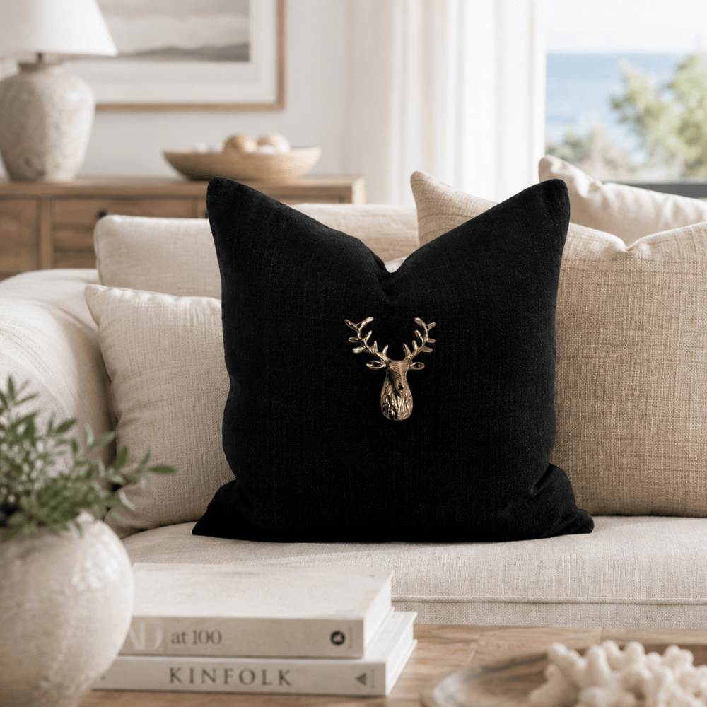 BHD HOME Lounge Cushion Deer Head Black Handmade Brass Embellished Cushion Cover