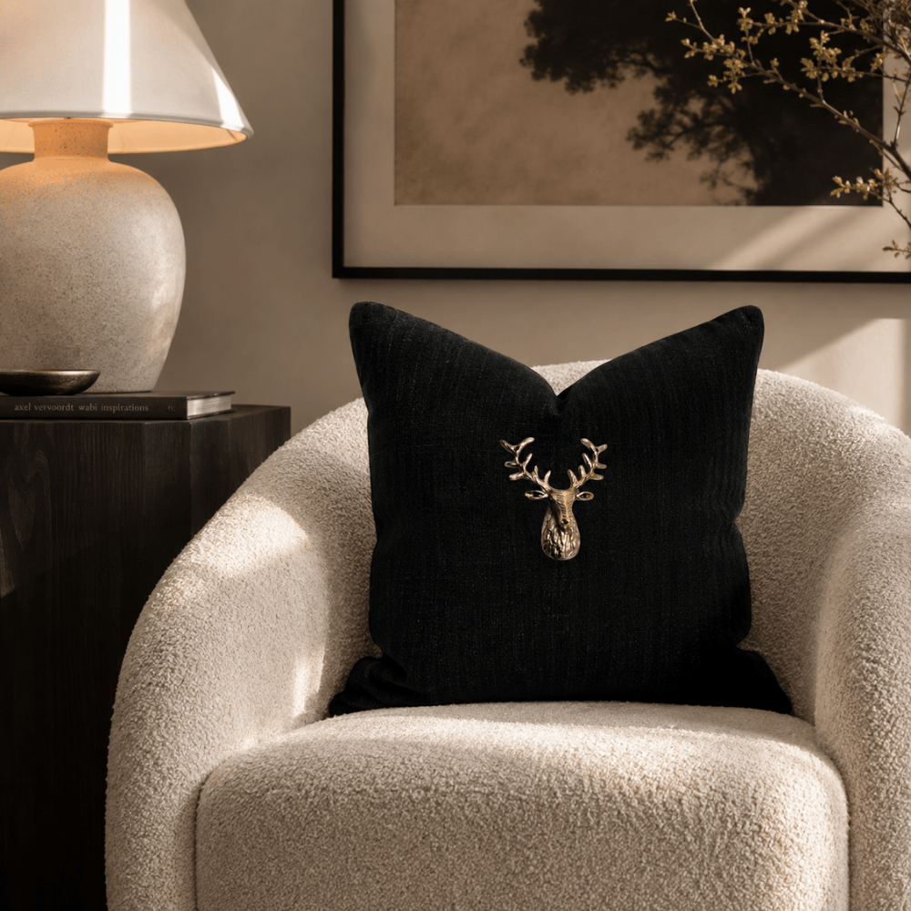 BHD HOME Lounge Cushion Deer Head Black Handmade Brass Embellished Cushion Cover