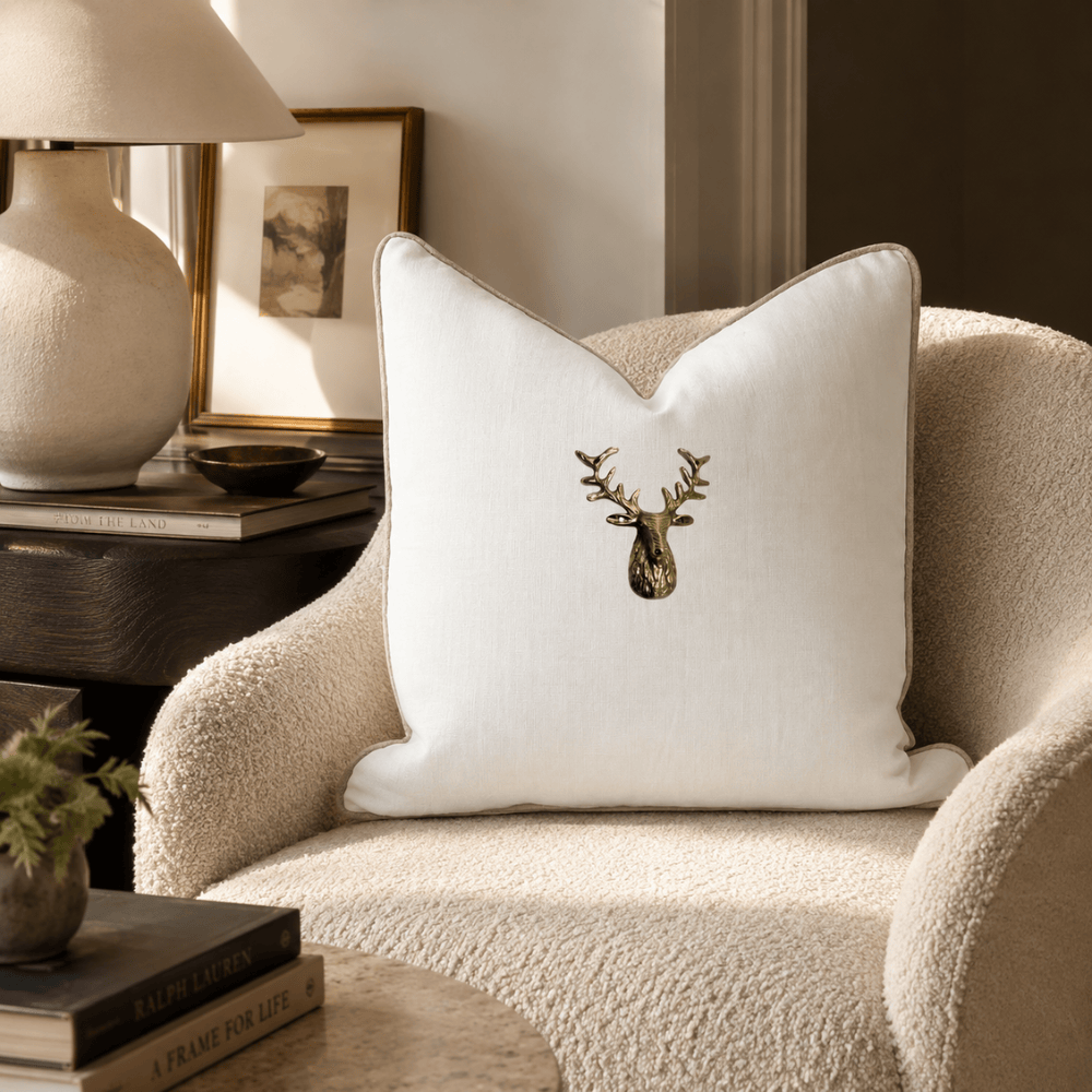 BHD HOME Lounge Cushion Deer Head White Handmade Brass Embellished Cushion Cover