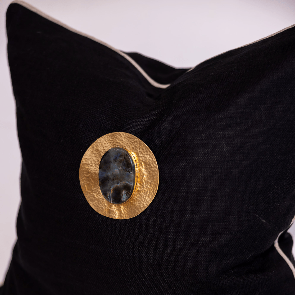 BHD HOME Lounge Cushion Gem Labradorite Black Handmade Brass Embellished Cushion Cover