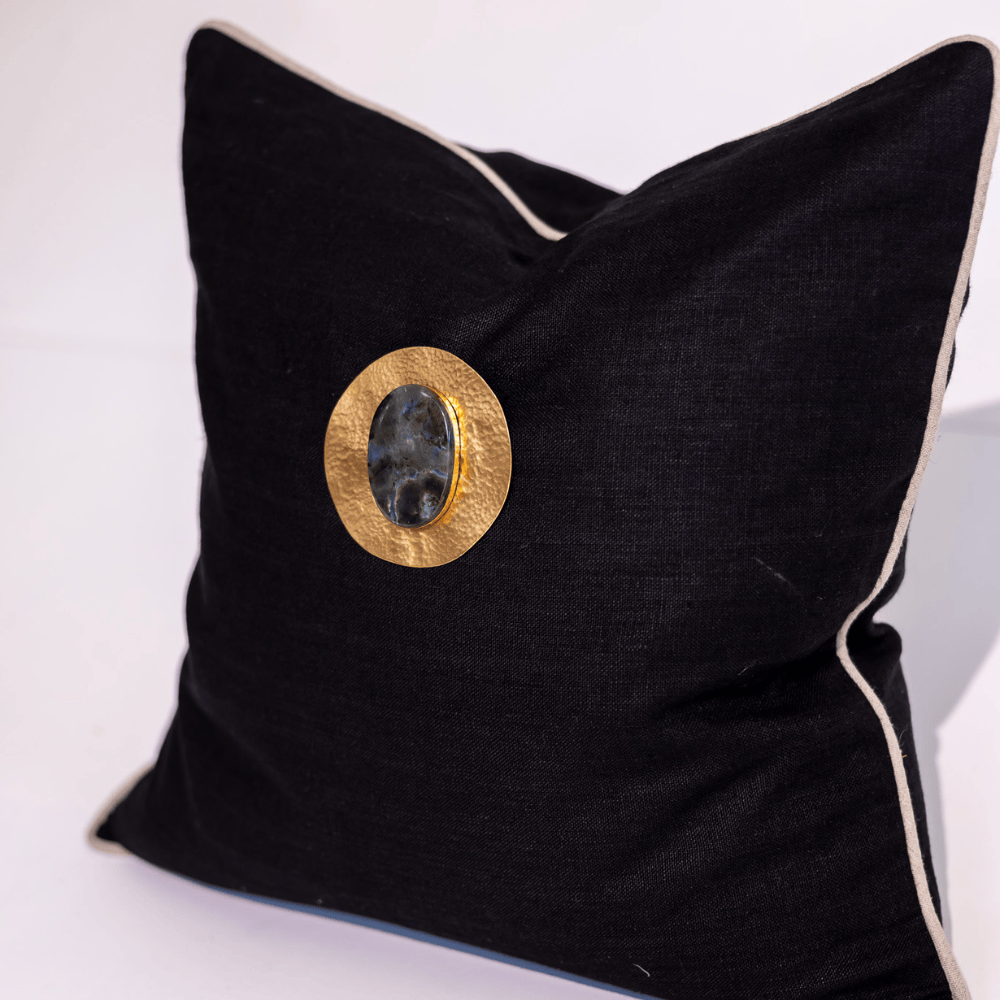BHD HOME Lounge Cushion Gem Labradorite Black Handmade Brass Embellished Cushion Cover