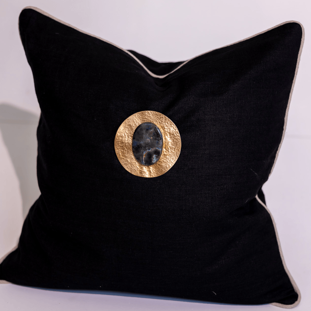 BHD HOME Lounge Cushion Gem Labradorite Black Handmade Brass Embellished Cushion Cover