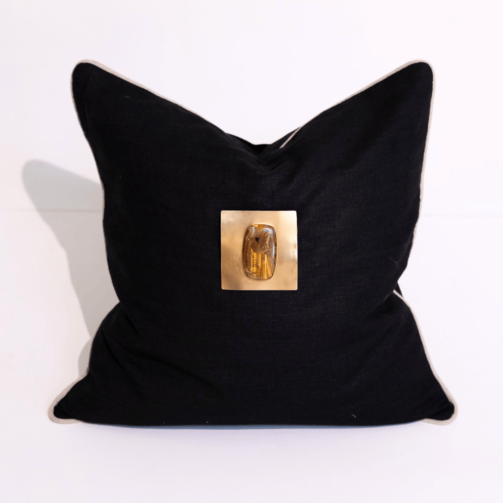 BHD HOME Lounge Cushion Gem Tiger's Eye Black Handmade Brass Embellished Cushion Cover
