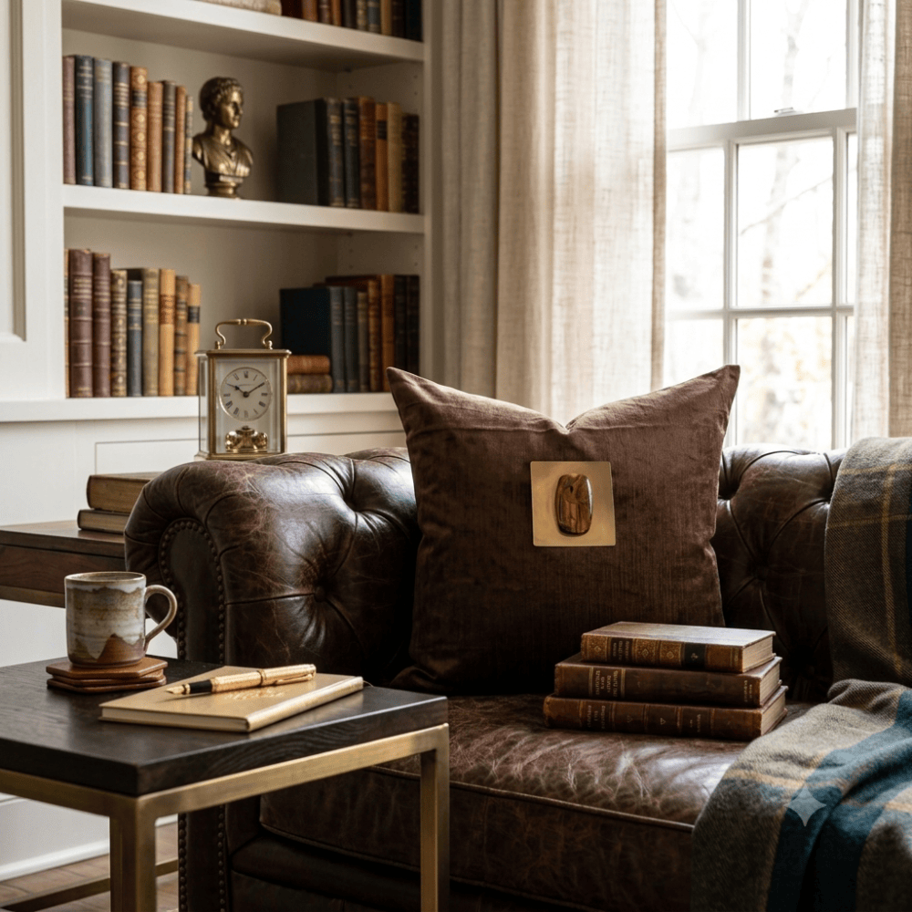 BHD HOME Lounge Cushion Gem Tiger's Eye Choc Velvet Handmade Brass Embellished Cushion Cover
