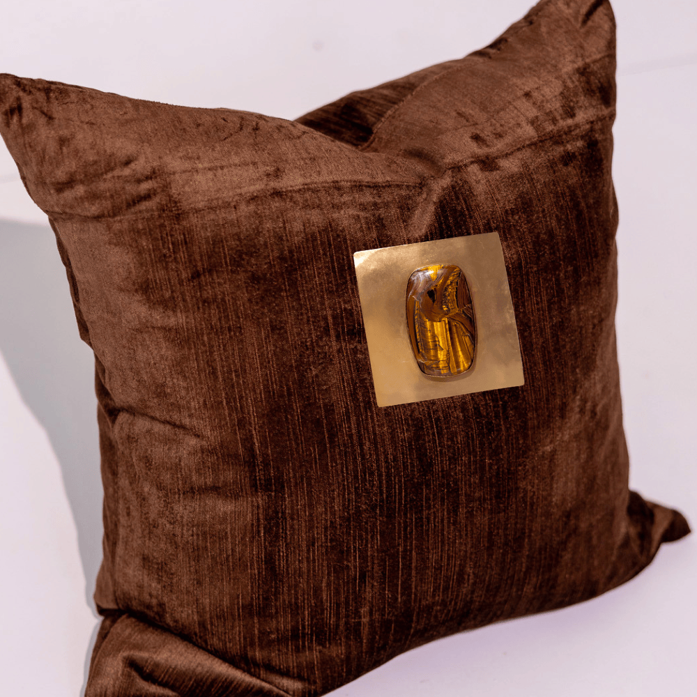 BHD HOME Lounge Cushion Gem Tiger's Eye Choc Velvet Handmade Brass Embellished Cushion Cover