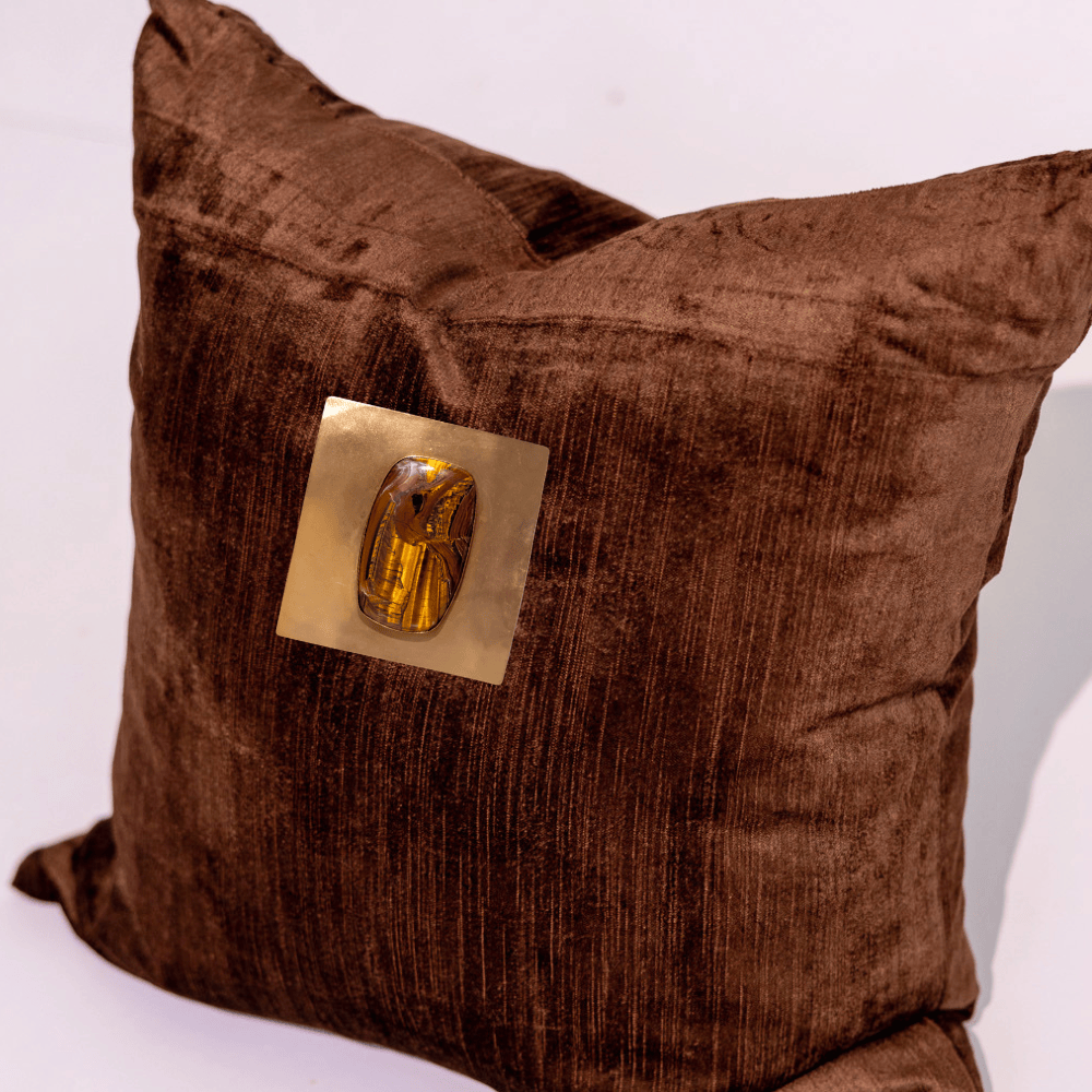 BHD HOME Lounge Cushion Gem Tiger's Eye Choc Velvet Handmade Brass Embellished Cushion Cover