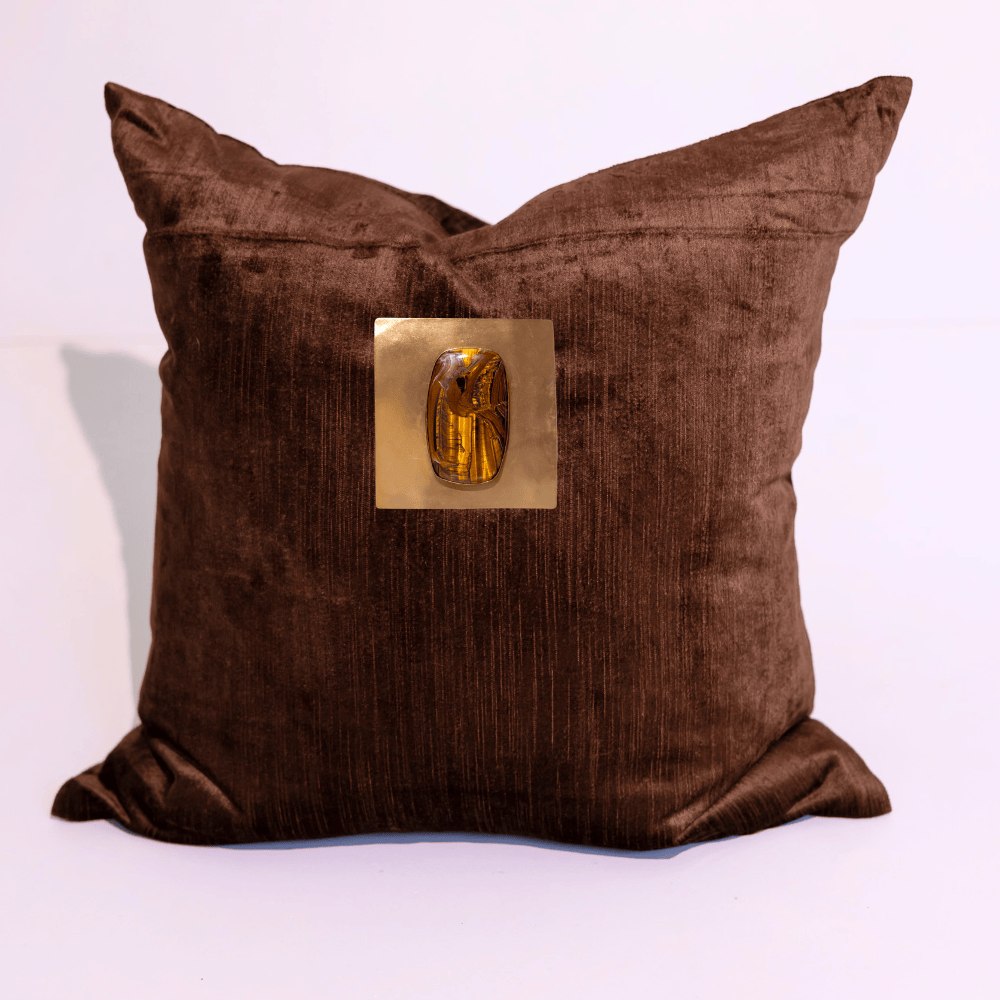 BHD HOME Lounge Cushion Gem Tiger's Eye Choc Velvet Handmade Brass Embellished Cushion Cover
