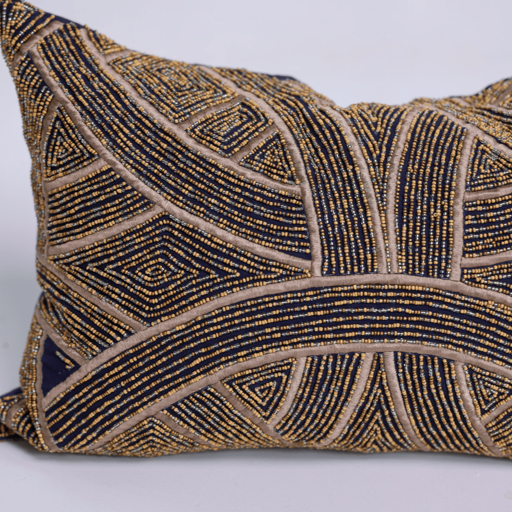 BHD HOME Lumbar Cushion Hand Beaded Arches Navy & Gold Lumbar Cushion 35 x 55cm