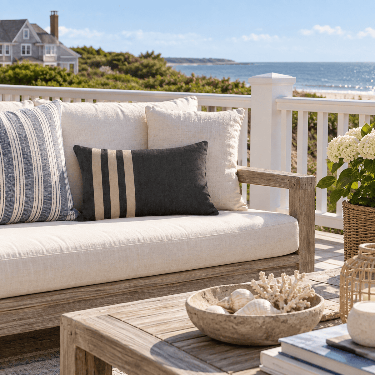 BHD HOME Outdoor Black Outdoor Nautical Regent Stripe Natural & Black Lumbar Cushion – UV Resistant