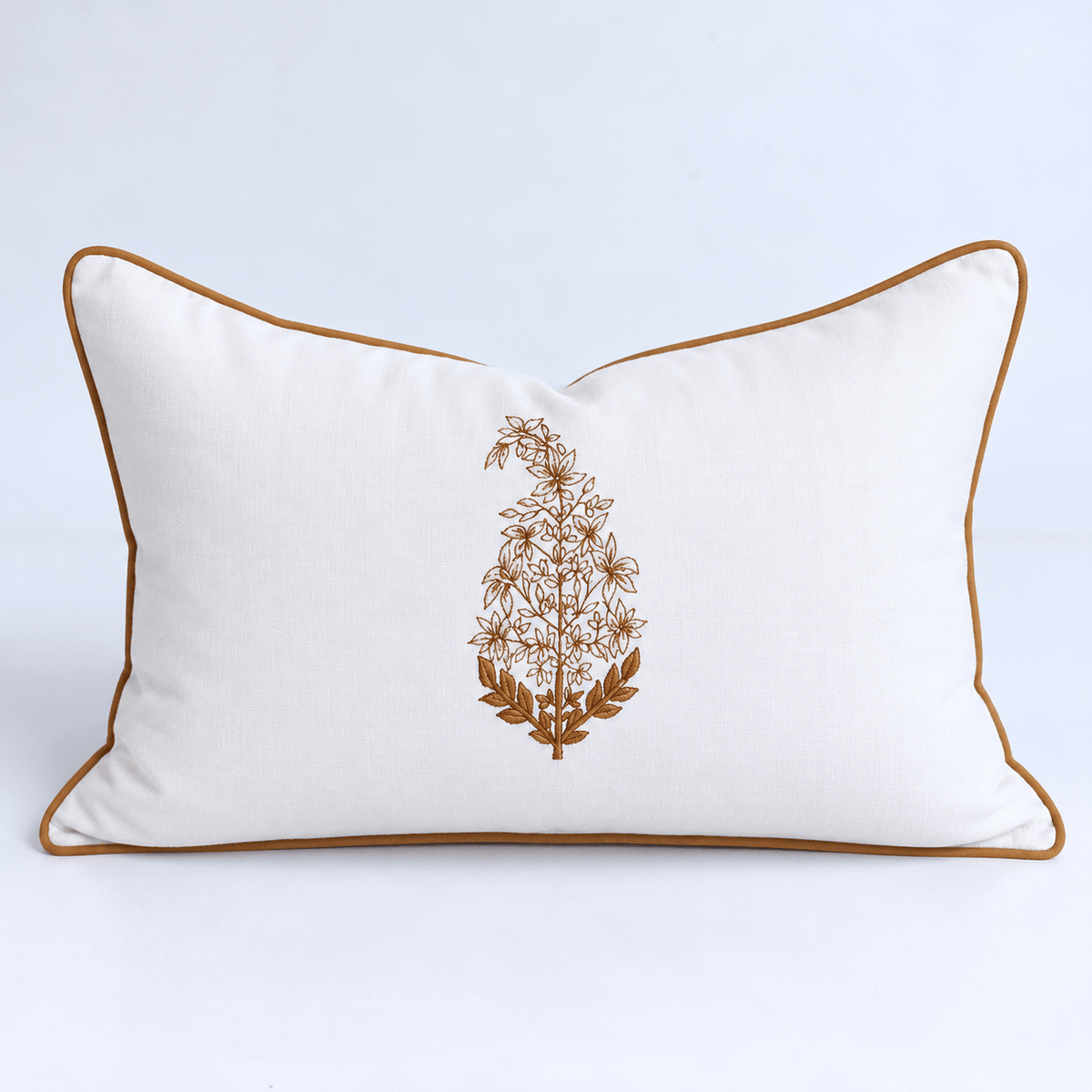 BHD HOME Outdoor Cushion Outdoor Paisley Embroidery White & Beige Piped Lumbar Cushion 40 x 60cm – UV Resistant
