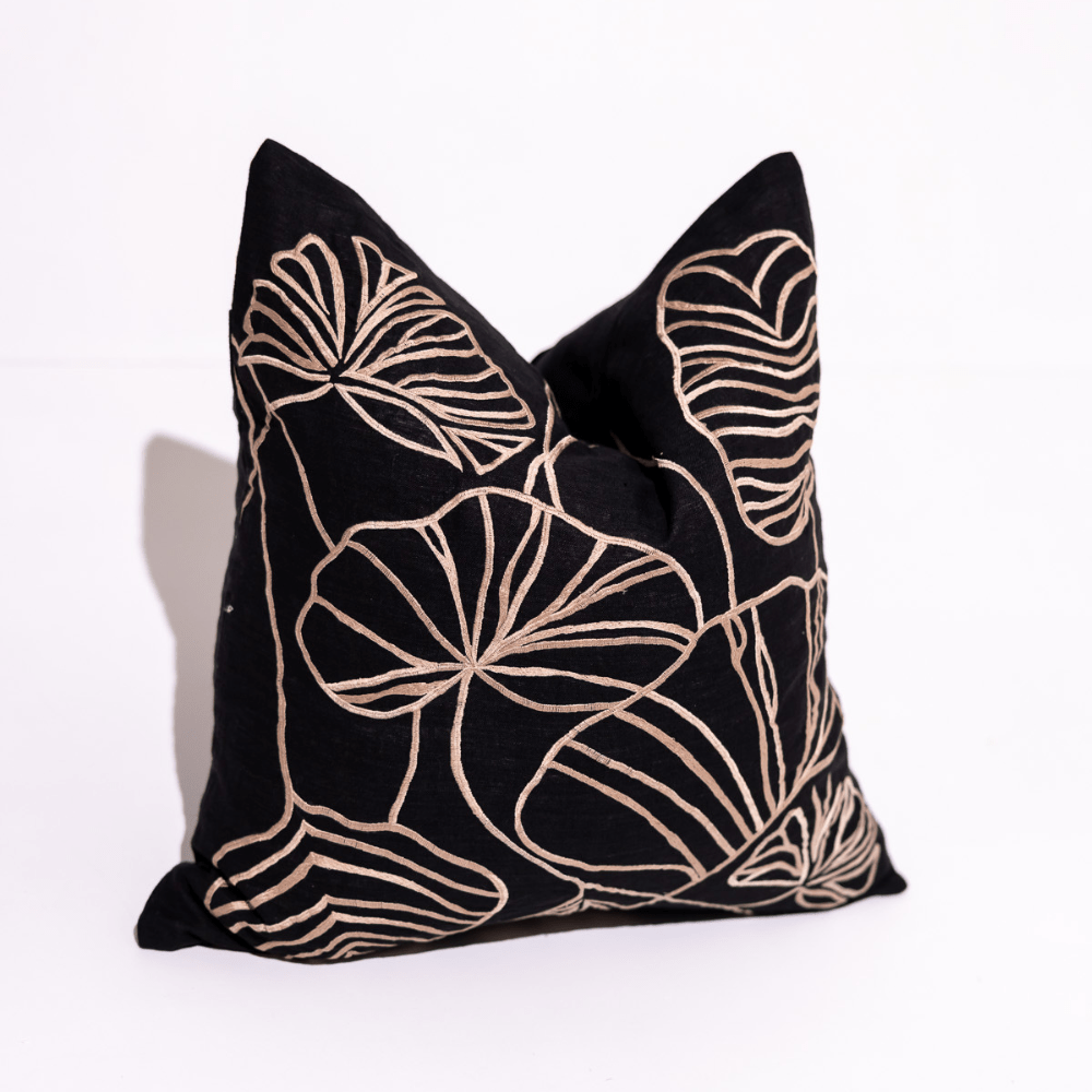 BHD HOME Weave Clearance Black and Tan Leaf Embroidery 55 x 55cm