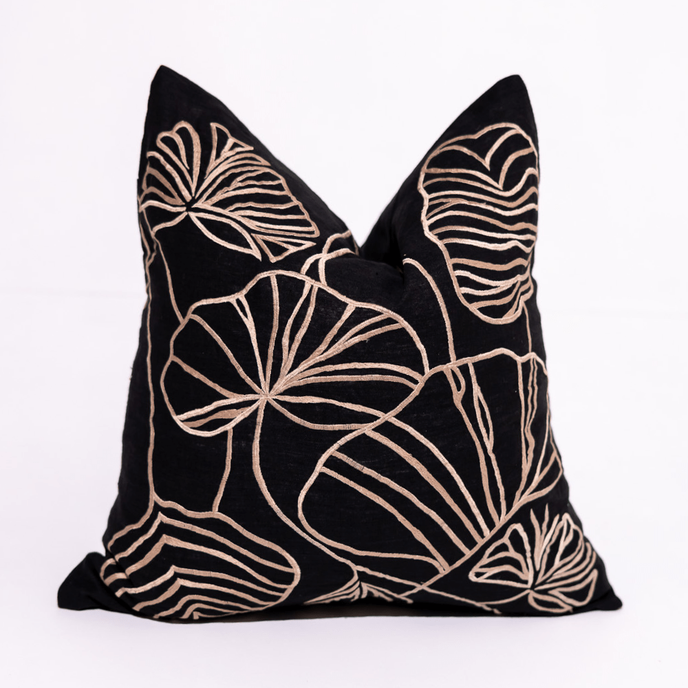 BHD HOME Weave Clearance Black and Tan Leaf Embroidery 55 x 55cm