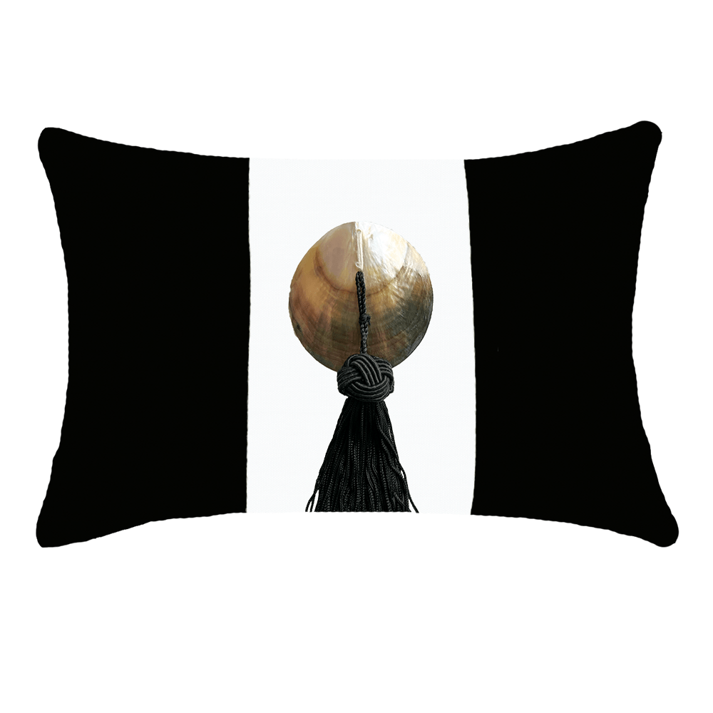 Bandhini - Design House Outdoor Black & White / 14 x 21 Inches Outdoor Tassel Black Shell Lumber Cushion 35 x 53 cm