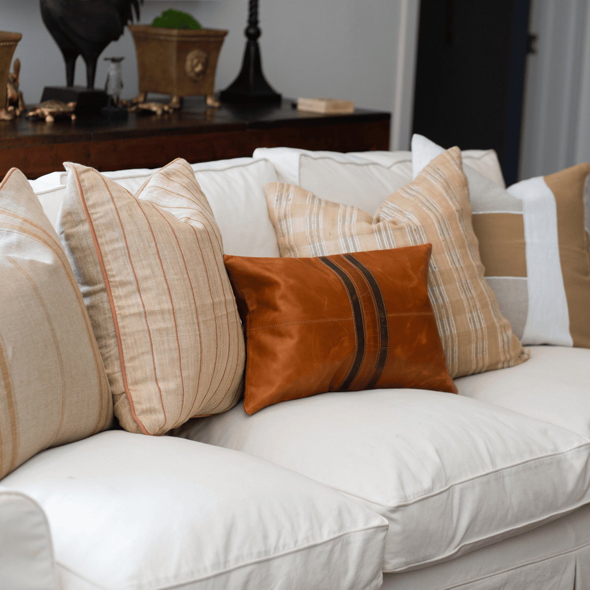 Voyager Leather Black Stripe Tan Handmade Lumbar Cushion