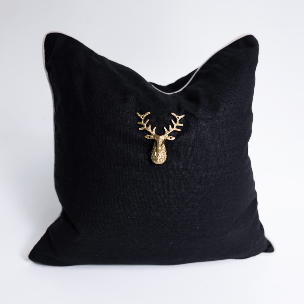 Creature Deer Head Black Handmade Brass Embellished Cushion Cover