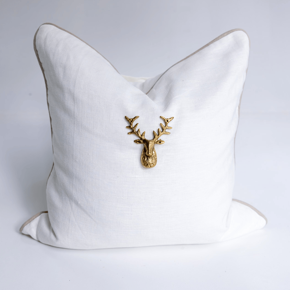 Creature Deer Head White Handmade Brass Embellished Cushion Cover