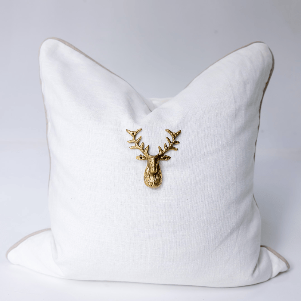 Creature Deer Head White Handmade Brass Embellished Cushion Cover