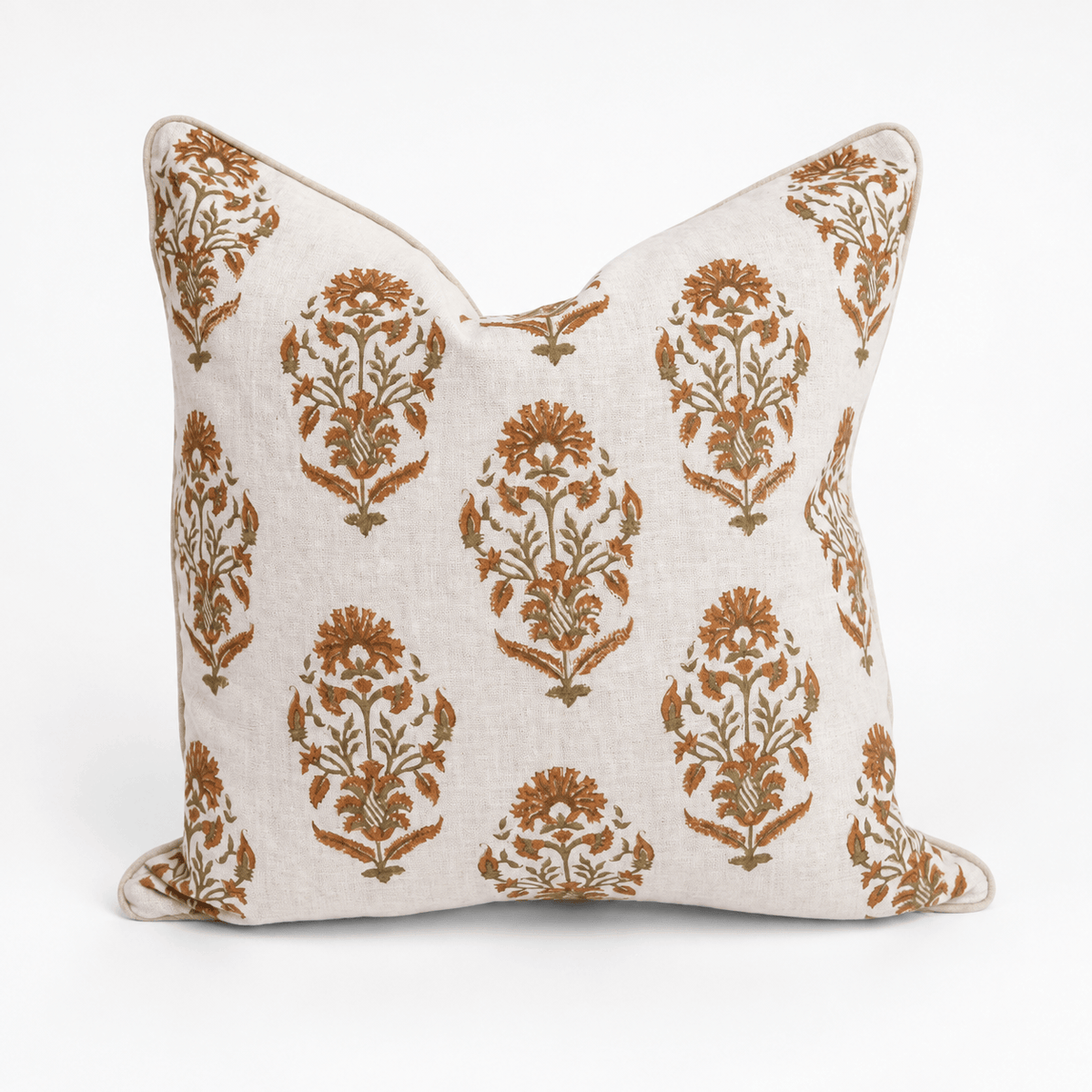 Block Print Boteh Ochre & Olive Piped Linen Lounge Cushion 55 x 55cm