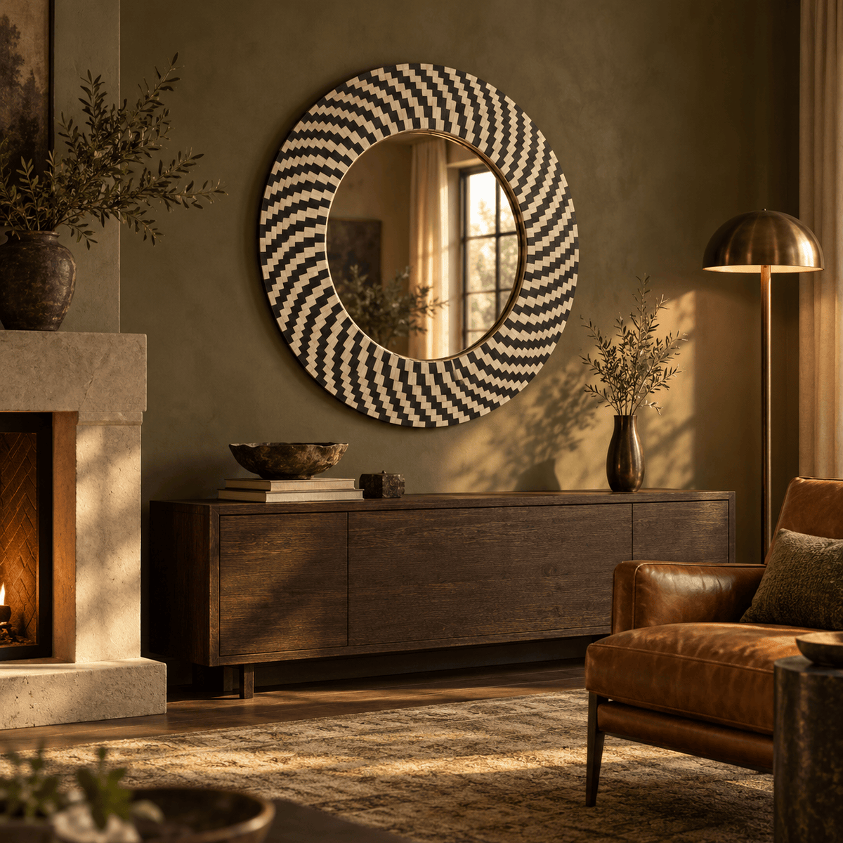 Mel Round Chevron Bone Mirror