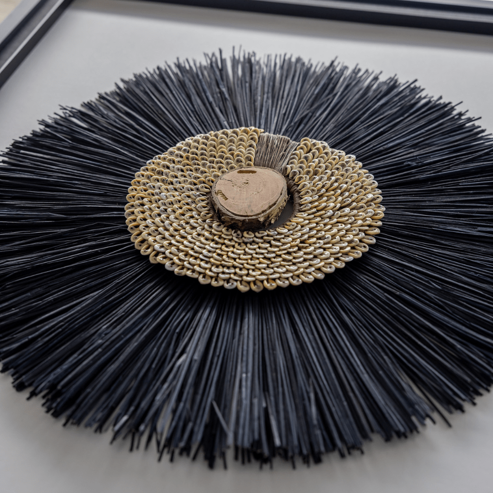 Bandhini Design House Artwork African Wood, Shell Ring Coffee & Grass Mat Black Artwork 67 x 85cm