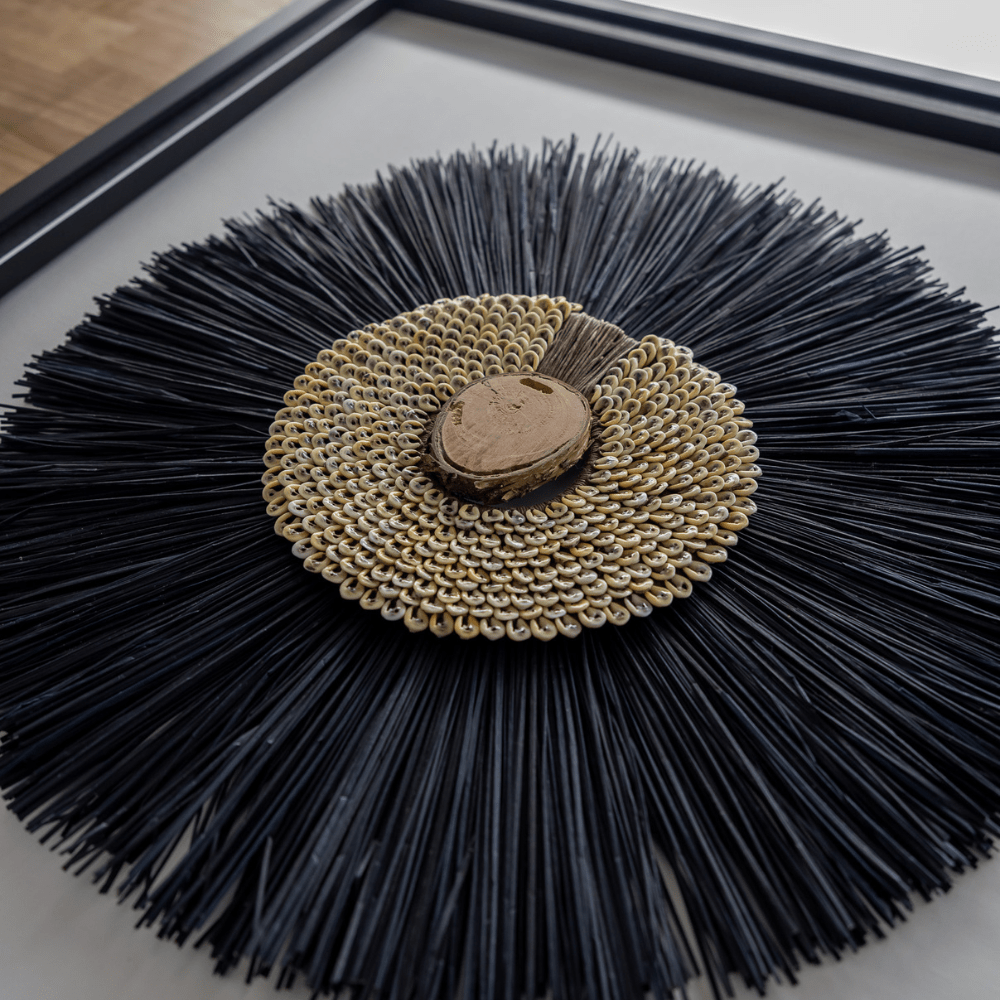 Bandhini Design House Artwork African Wood, Shell Ring Coffee & Grass Mat Black Artwork 67 x 85cm