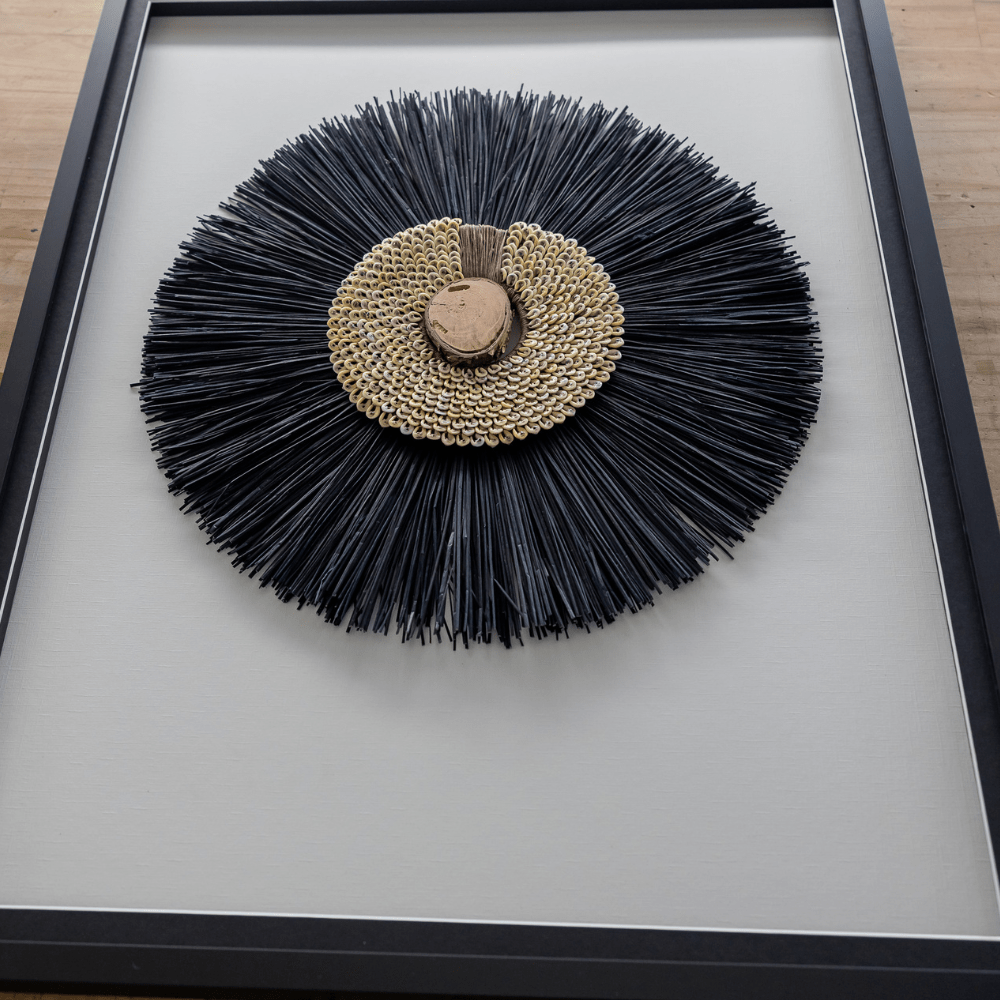 Bandhini Design House Artwork African Wood, Shell Ring Coffee & Grass Mat Black Artwork 67 x 85cm