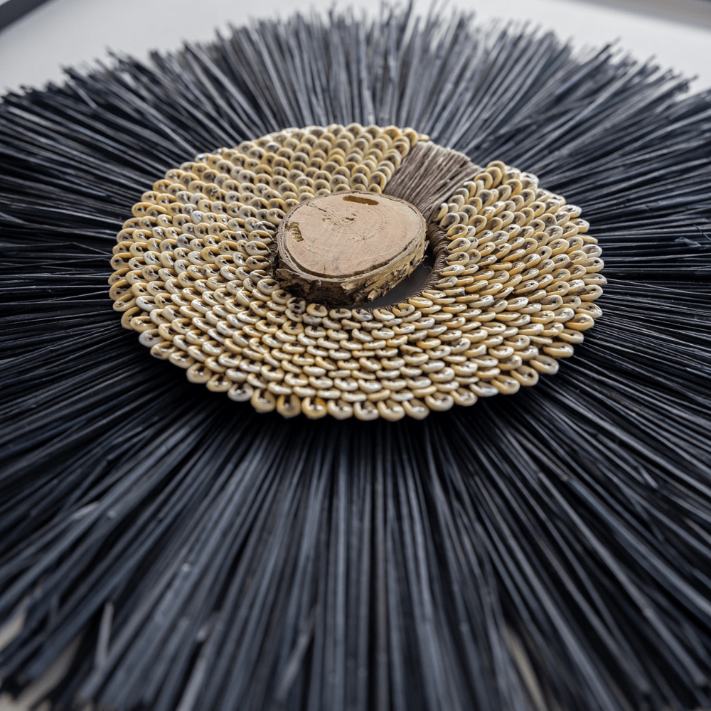 Bandhini Design House Artwork African Wood, Shell Ring Coffee & Grass Mat Black Artwork 67 x 85cm