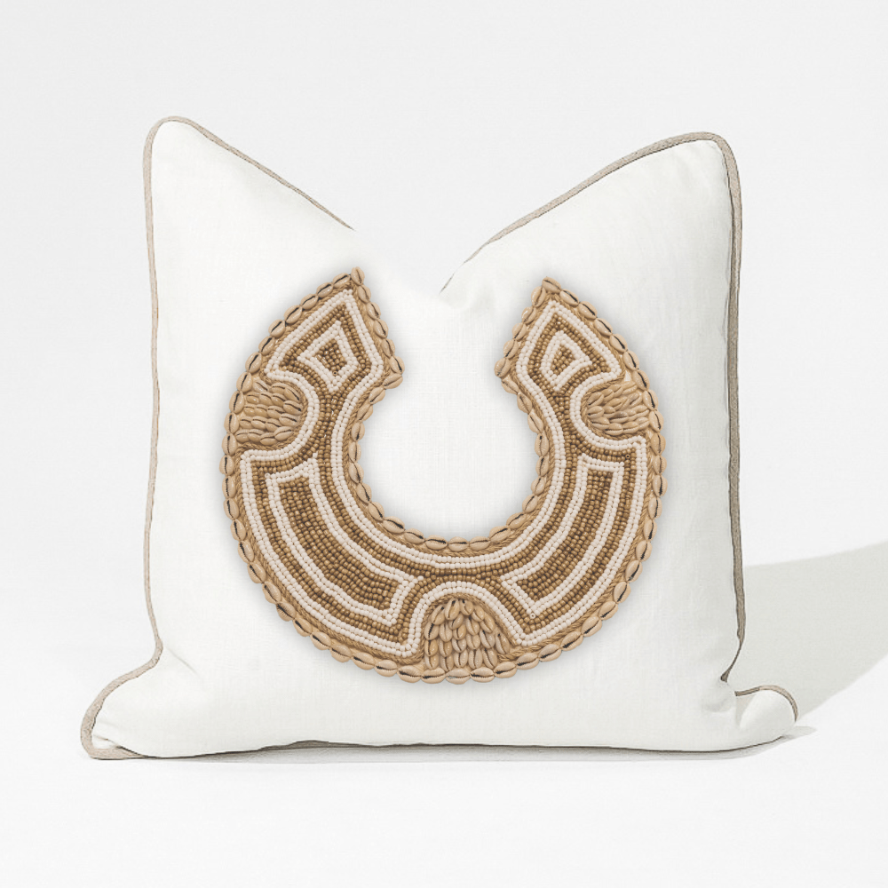 Bandhini Design House Coastal Devon African Bead Caramel Horseshoe White & Natural Lounge Cushion 55 x 55cm