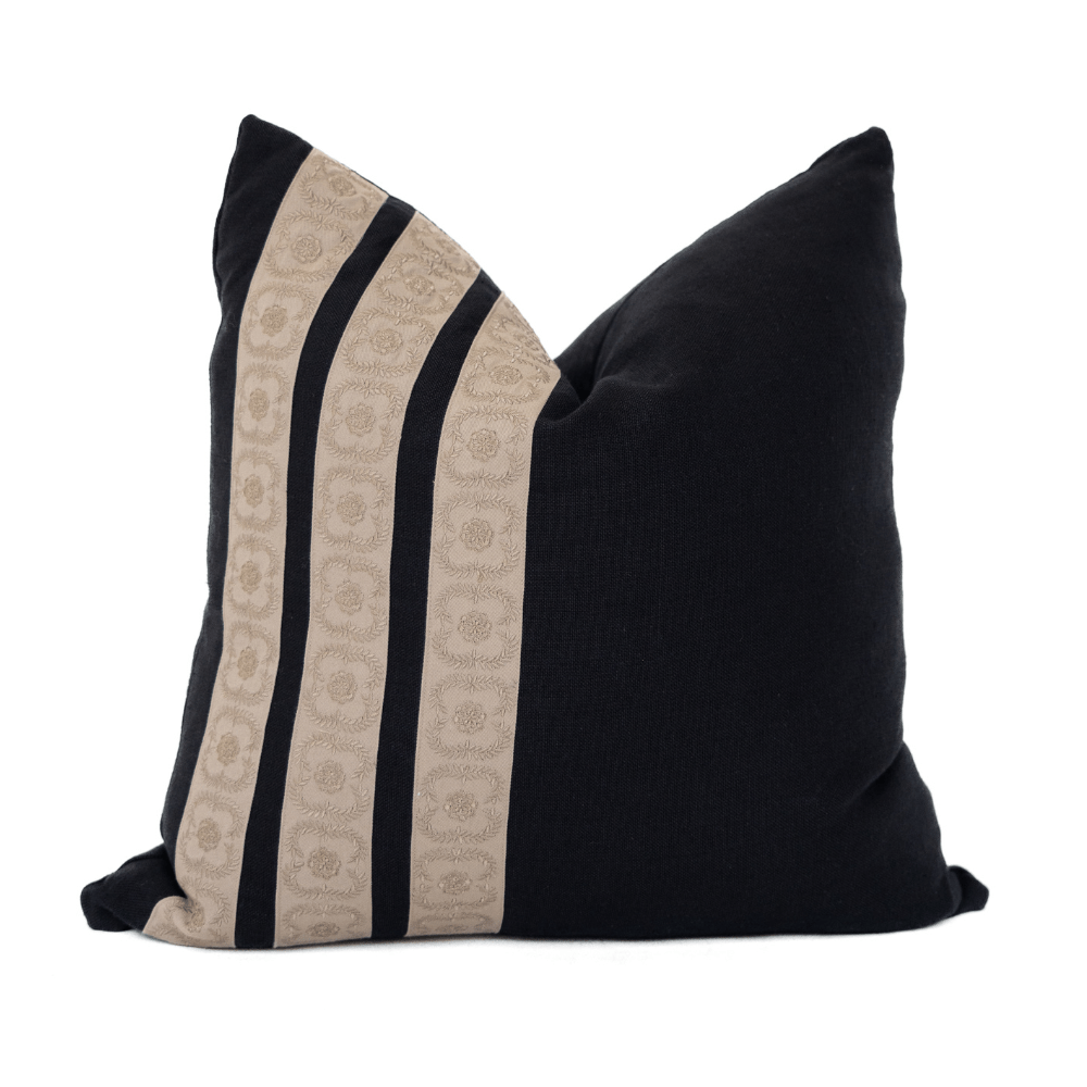 Bandhini Design House Coastal Devon Crest Embroidery Stripes Black Lounge Cushion 55 x 55cm