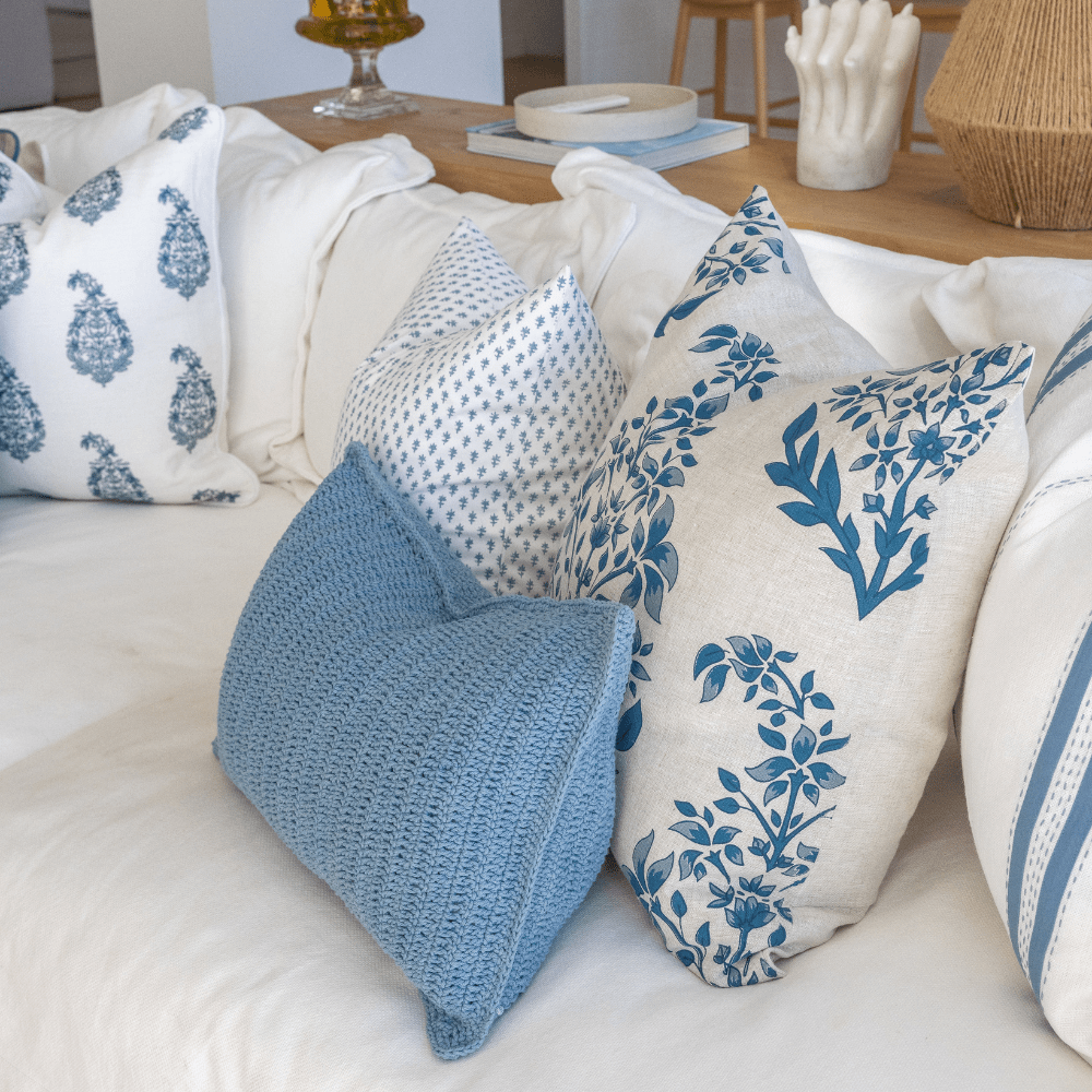 Bandhini Design House Coastal Devon Crochet Blue Lumbar Cushion 35 x 53cm