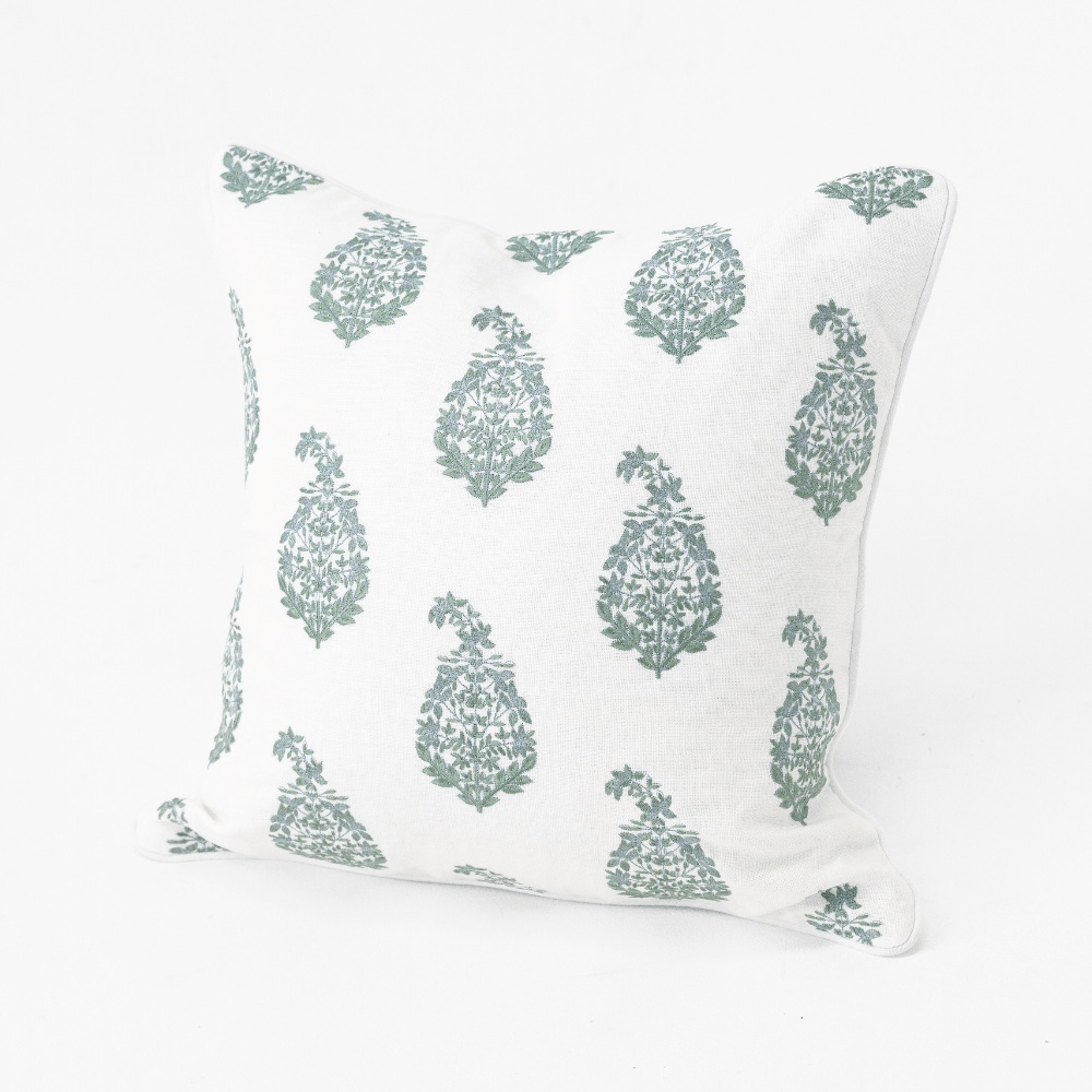 Bandhini Design House Coastal Devon Devon Paisley Embroidery Green Lounge Cushion 55 x 55cm