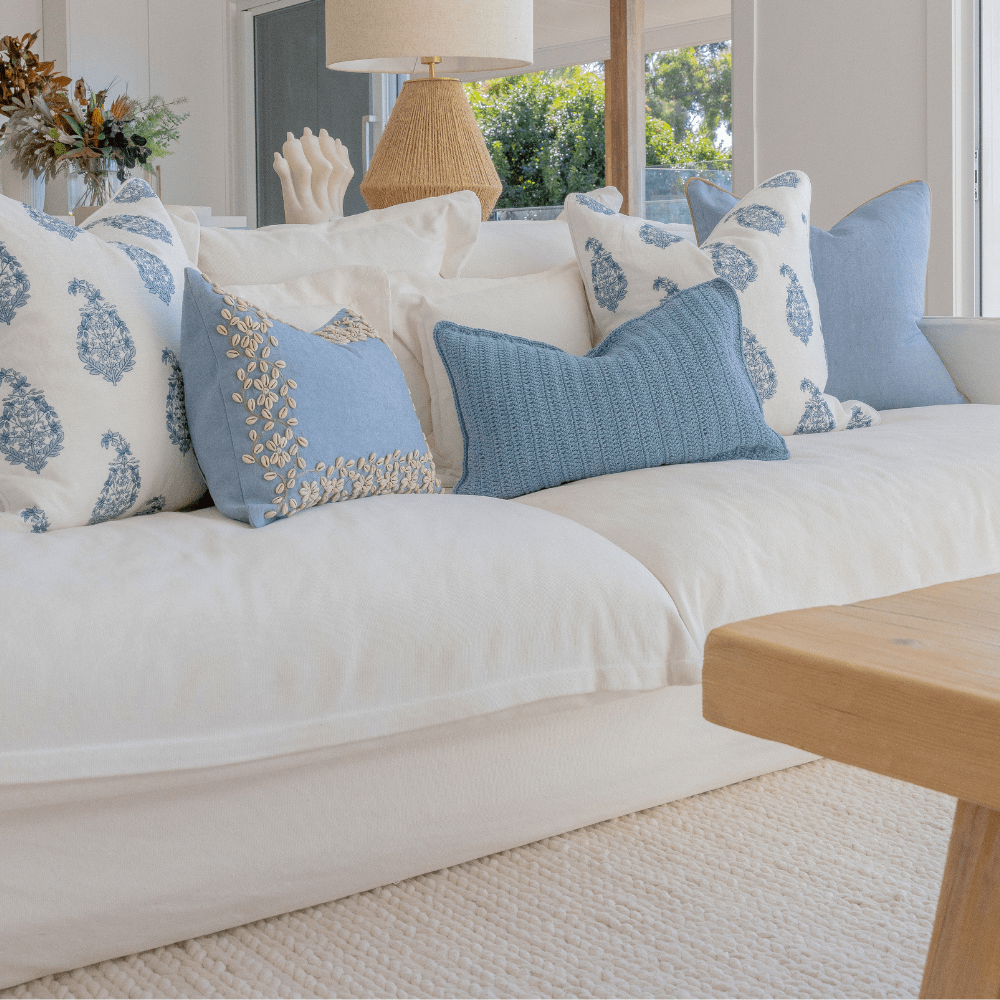 Bandhini Design House Coastal Devon Kauri Embroidery Blue Lumbar Cushion 35 x 53cm