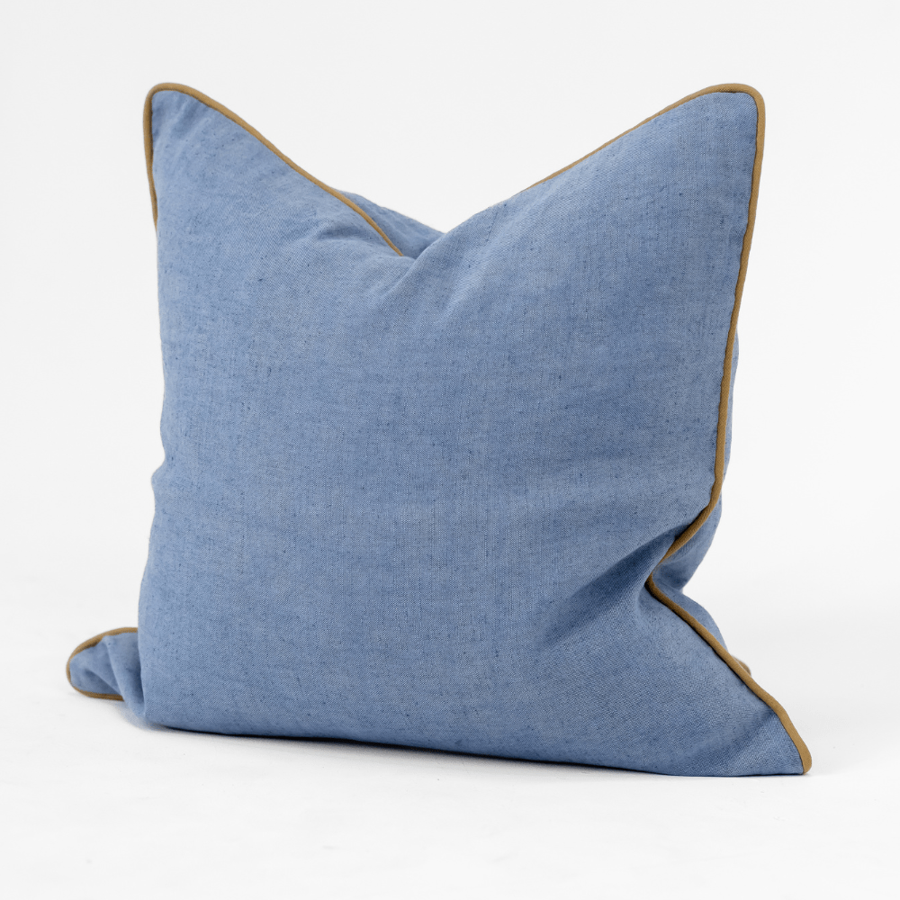 Bandhini Design House Coastal Devon Linen Piped Blue & Mustard Lounge Cushion 55 x 55cm