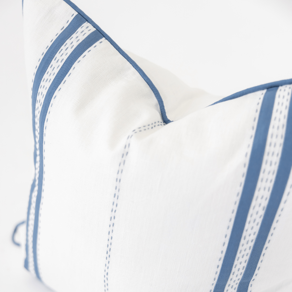 Bandhini Design House Coastal Devon Linen Piped Embroidery Blue Lounge Cushion 55 x 55cm