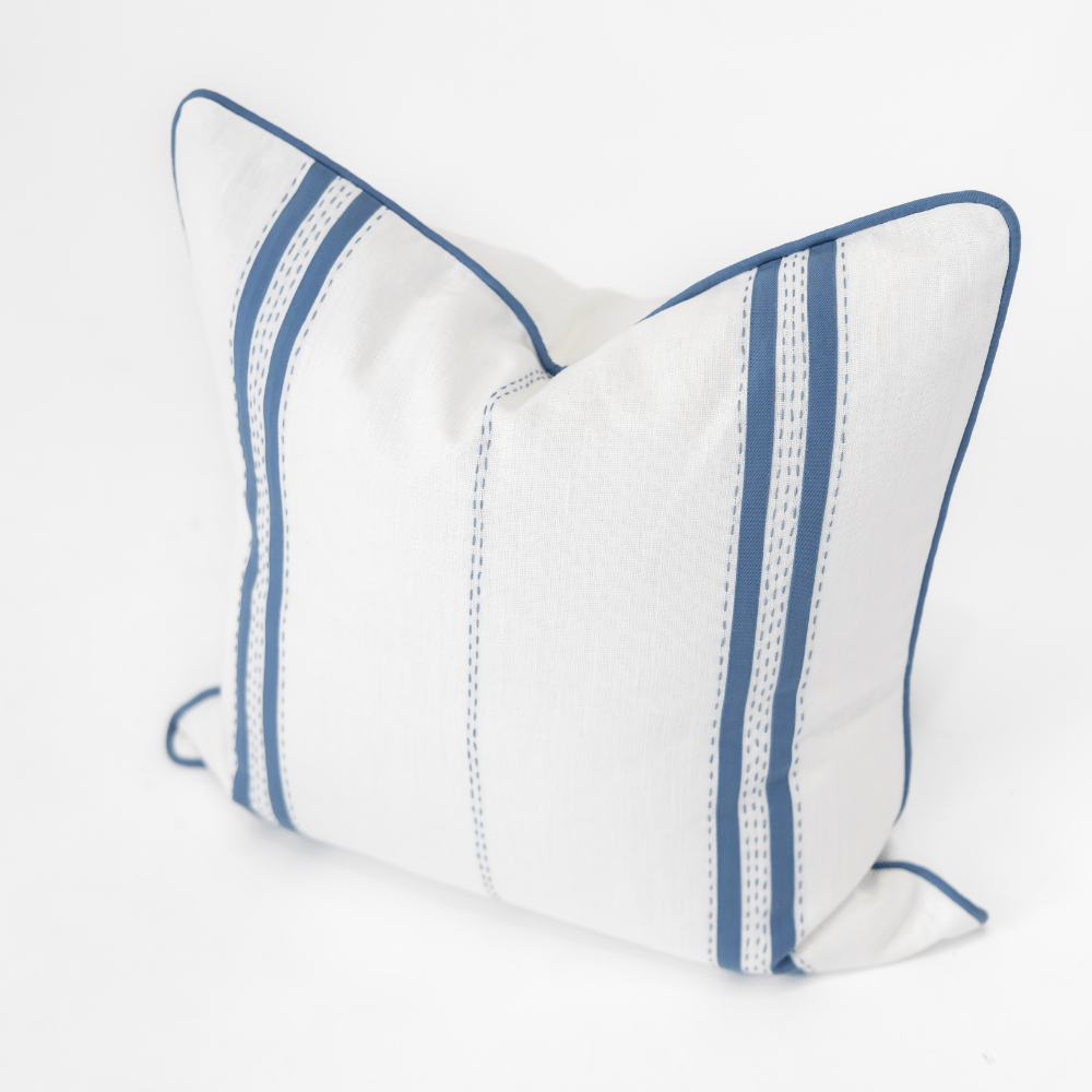 Bandhini Design House Coastal Devon Linen Piped Embroidery Blue Lounge Cushion 55 x 55cm